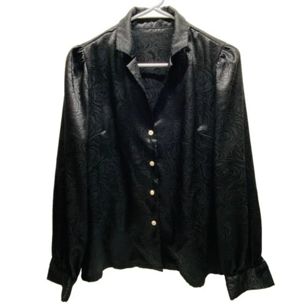 Shein Button-Up‎ Blouse Women's Small Long Sleeve Black Tonal Floral Career EUC